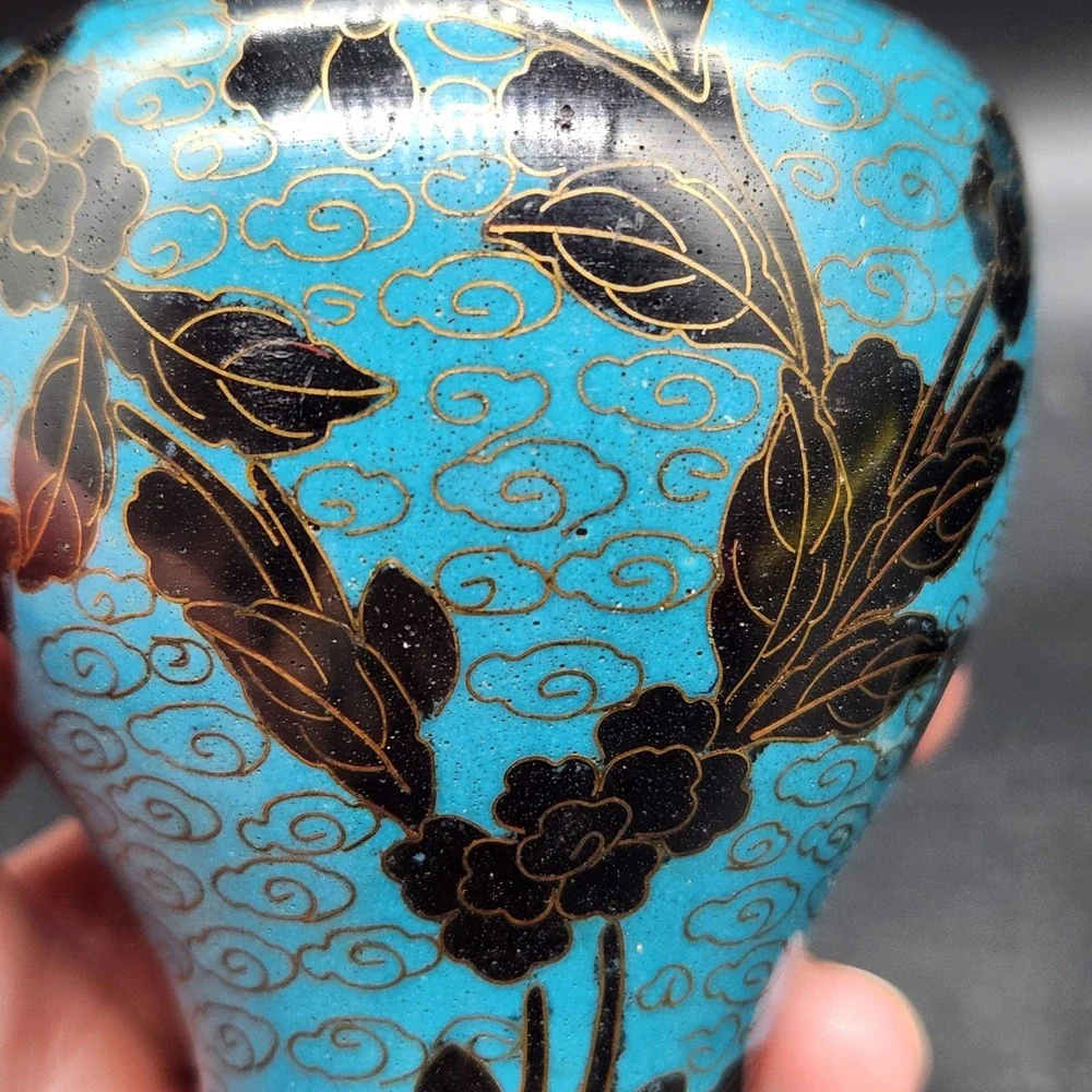 Vintage Pair Cloisonne Enamel Vases Turquoise Blue Black Gold Floral Brass 5